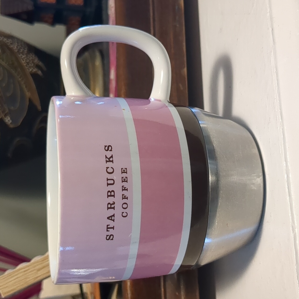 2007 Starbucks Coffee Pink White Brown Stripe Stainless Steal Base Mug 10 oz